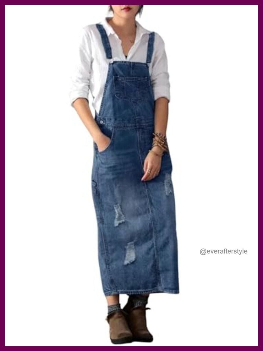 Adjustable Strap Distressed Denim Overall Dress A-Line Pinafore Midi